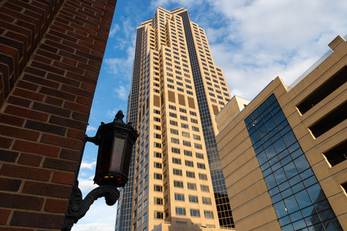Downtown buildings on a beautiful Summer afternoon in Des Moines, Iowa, USA.