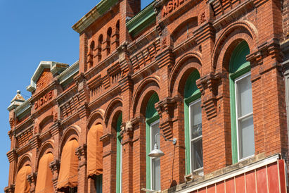 Old brick buildings in small Midwest town.  Baraboo, Wisconsin, USA