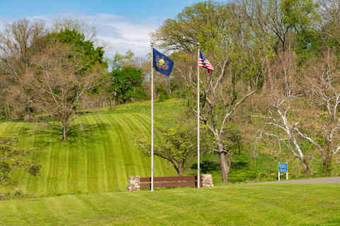 The historic Brandywine Battlefield Park grounds on a sunny Spring morning in Chadds Ford, Pennsylvania, USA.