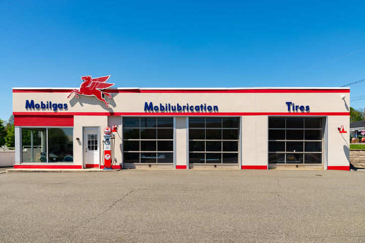 Restored Mobil Station, part of the Boyertown Museum of Historic Vehicles, in Boyertown, Pennsylvania, USA.