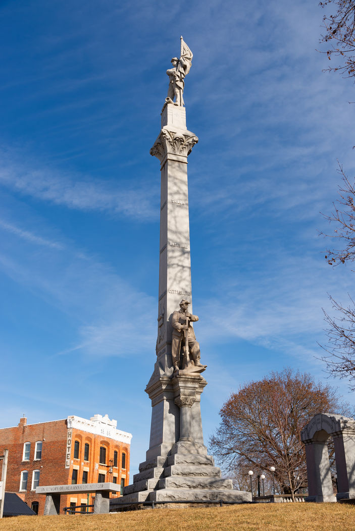 The Carroll County Soldiers and Sailors Monument, completed in 1891, in downtown Mount Carroll, Illinois, USA.