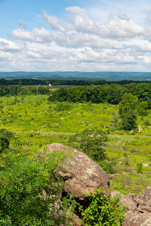 View of the battlefield from Little Round Top at Gettysburg National Military Park in Gettysburg, Pennsylvania, USA.