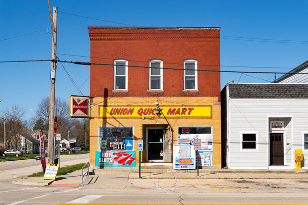 Downtown building and storefront on Main Street in Union, Illinois, USA.