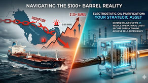 the left side visualizes the crisis with a broken chain over the Persian Gulf and rising oil price charts, establishing the urgency. The right side showcases the solution—your electrostatic oil cleaner—purifying the oil, complete with key benefit callouts like "EXTEND OIL LIFE UP TO 3X."