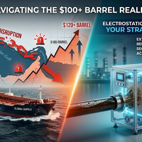 the left side visualizes the crisis with a broken chain over the Persian Gulf and rising oil price charts, establishing the urgency. The right side showcases the solution—your electrostatic oil cleaner—purifying the oil, complete with key benefit callouts like "EXTEND OIL LIFE UP TO 3X."