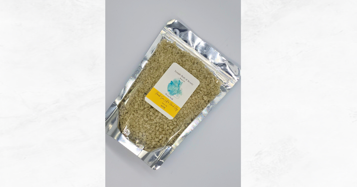 Detox Soak in a resealable pouch, enriched with French sea salt, French clay , and Dead Sea salt to purify and revitalize
