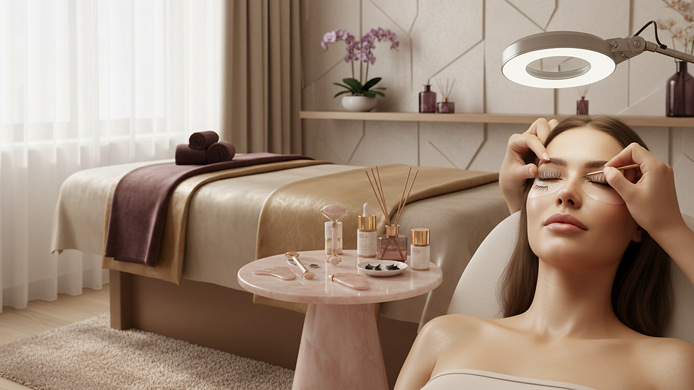 Eye-level view of serene spa treatment room with soft lighting