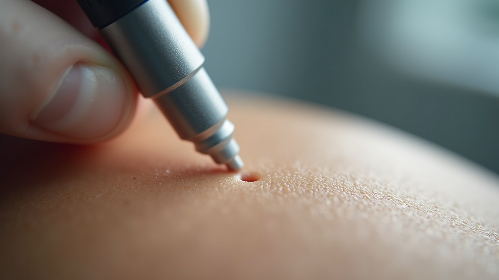 Close-up view of microchanneling device creating tiny channels on skin