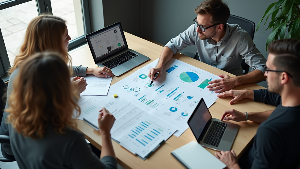 High angle view of a marketing team brainstorming with charts and laptops