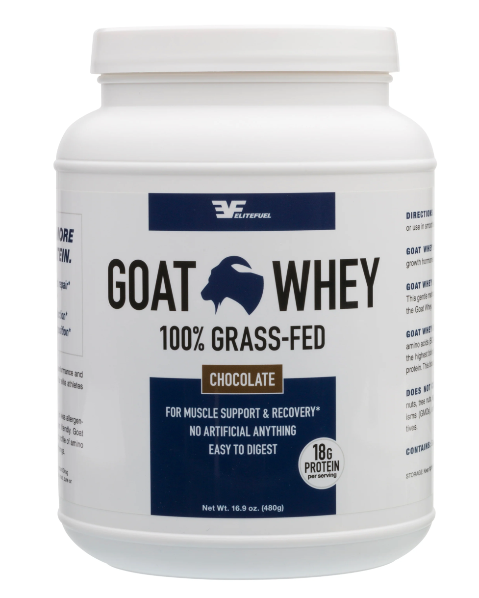 White container of goat whey protein with blue and gold label. Text: "100% Grass-Fed, Chocolate, 18g Protein." Emphasizes muscle support.