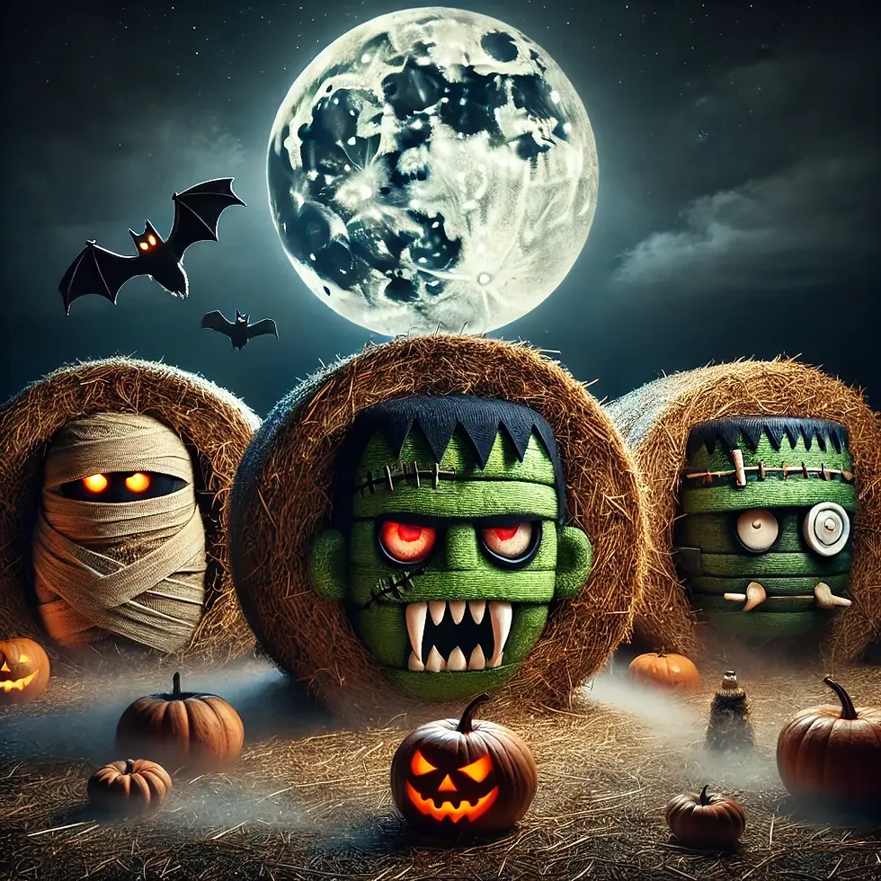 hay bale monsters, featuring a vampire, mummy, and Frankenstein's monster in a spooky, moonlit field.