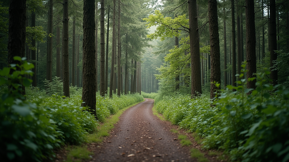 Wide angle view of a winding path through a serene forest