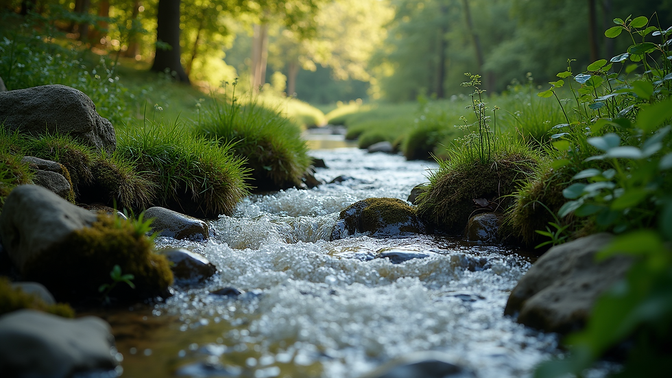High angle view of tranquil natural setting with a flowing stream and surrounding greenery