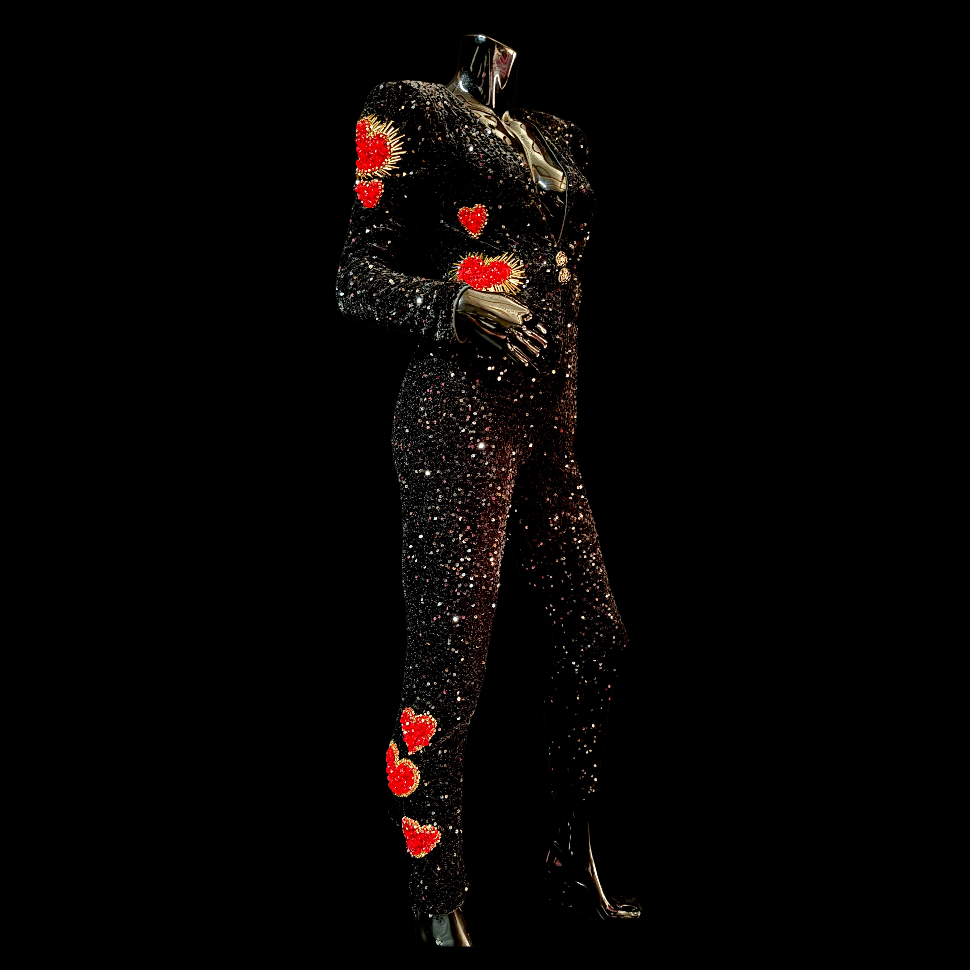 Black Sequin Embroided Heart Jumpsuit