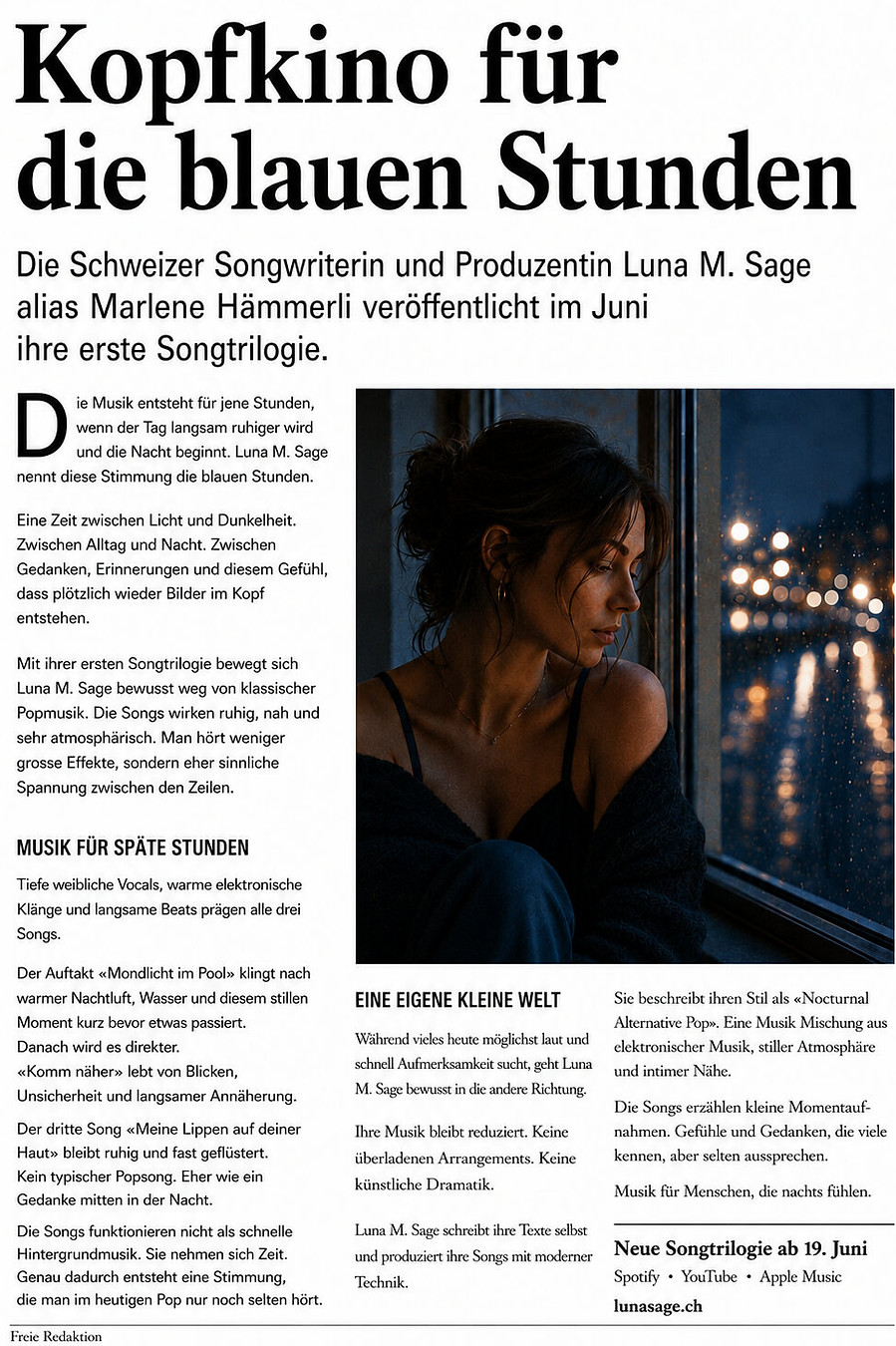 Ein Zeitungsartikel über Kopfkino für die blauen Stunden über die sinnliche Pop Musik von Luna M. Sage
