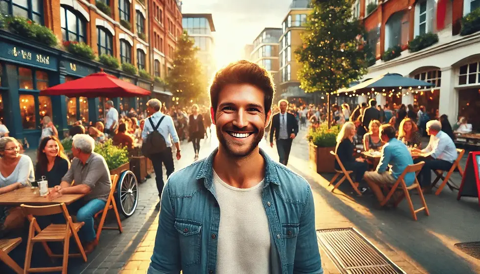 Ein glücklicher Mann geht durch die Altstadt mit Strassen Cafes