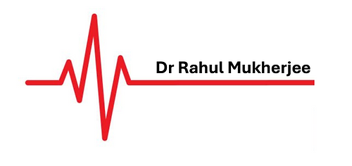 Dr Rahul Mukherjee – private cardiologist in London and Sussex, brand logo with red ECG heartbeat design.
