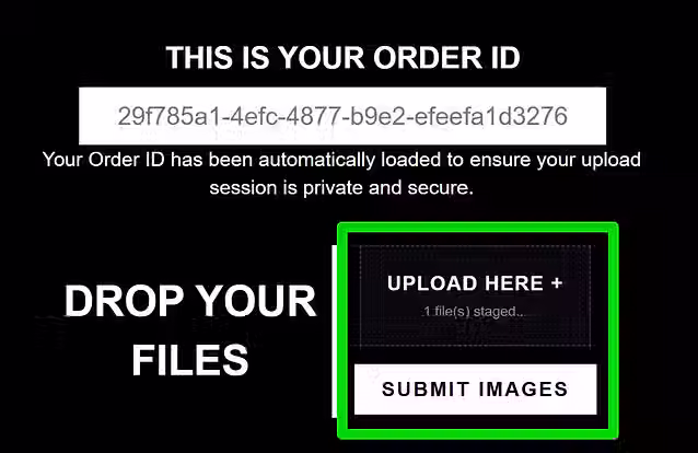 An online file staging dashboard interface containing an automated unique tracking code panel and a green highlighted image submission drop zone illustrating secure photo transfer steps for Stylofuze commercial editing clients | STYLOFUZE