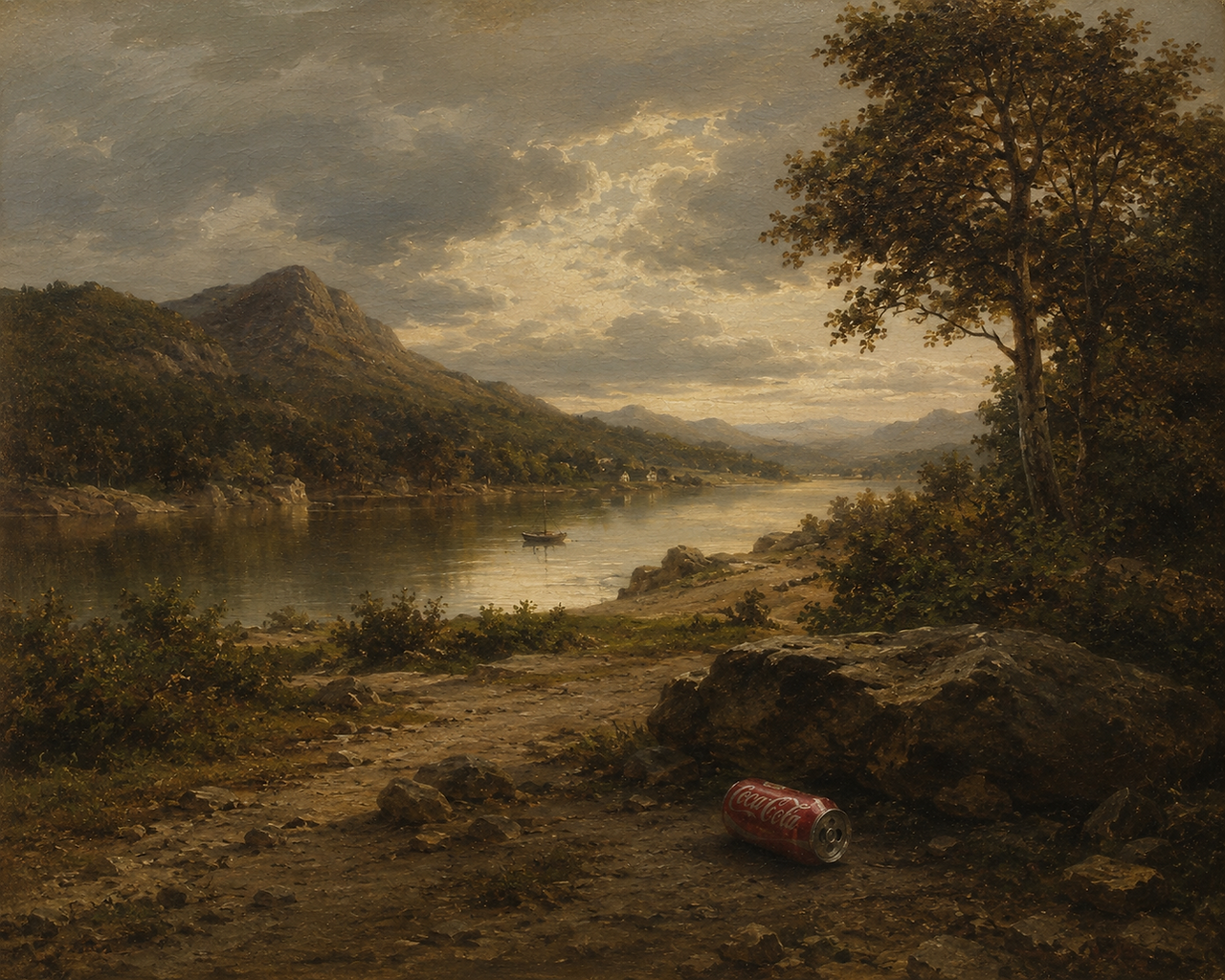AI-generated Hudson River School landscape painting of a river valley with mountains, with a Coca-Cola can placed in the foreground