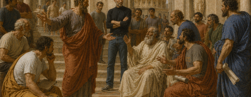 AI-generated classical painting of ancient Greek philosophers in a Roman courtyard with a modern figure in jeans and black turtleneck standing among them