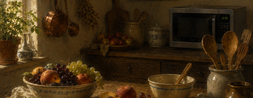 AI-generated Dutch Golden Age style kitchen still life with fruit, bread and pottery, with a modern microwave oven on the counter