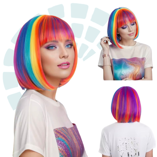 Peruca Unissex Arco-Íris Color Festa + Pride Fibra Sintética de Alta Qualidade