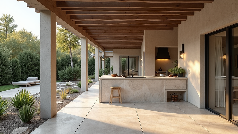 Wide angle view of a spacious outdoor kitchen with stone countertops and pergola shade