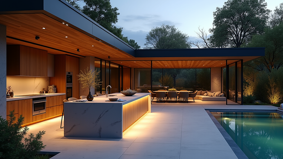 Wide angle view of a luxury outdoor kitchen and dining area with ambient lighting