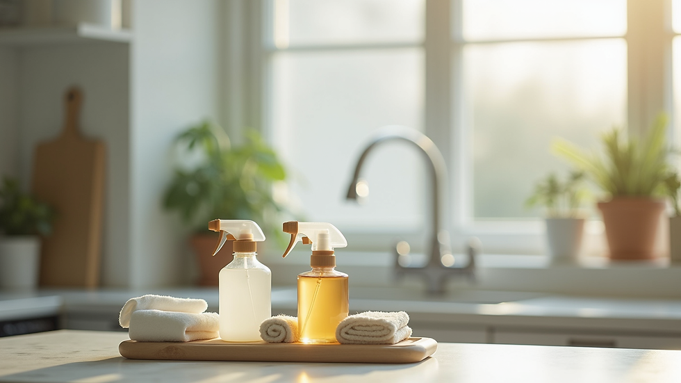 High angle view of eco-friendly cleaning supplies on a kitchen counter