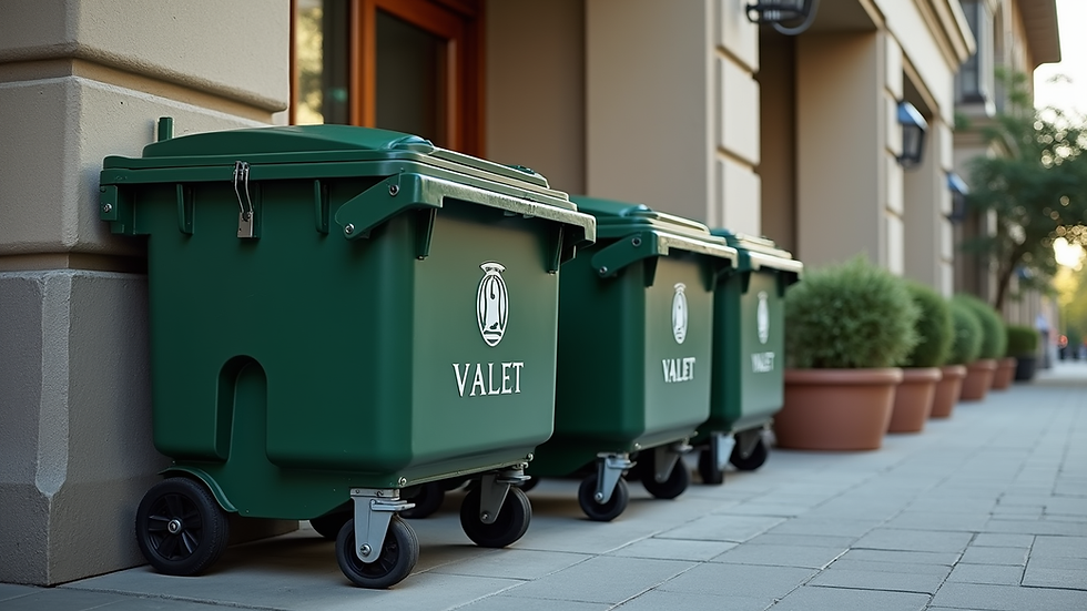 Eye-level view of a valet trash cart neatly lined up outside an apartment building