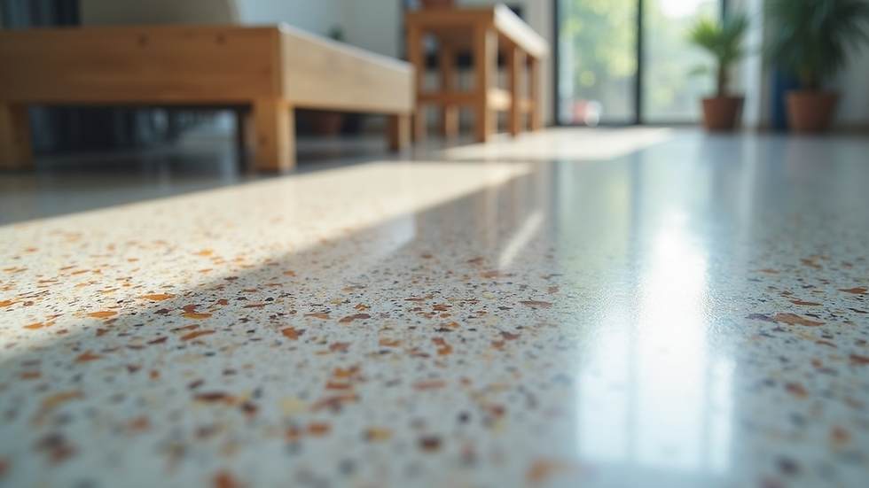 Close-up view of epoxy floor with decorative flakes