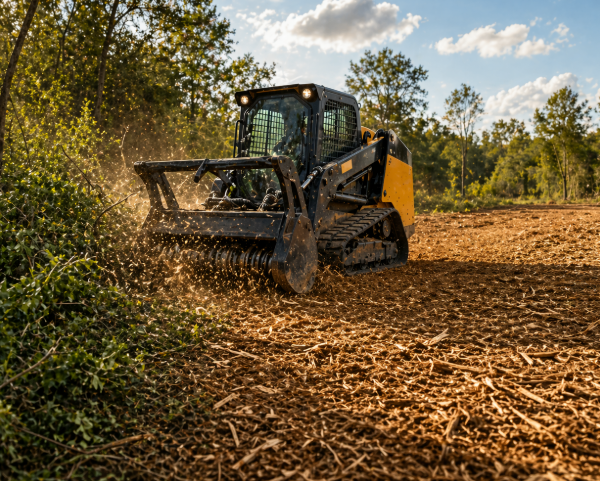 Forestry mulching machine grinding dense brush into wood chips at ground level, creating freshly cleared land
