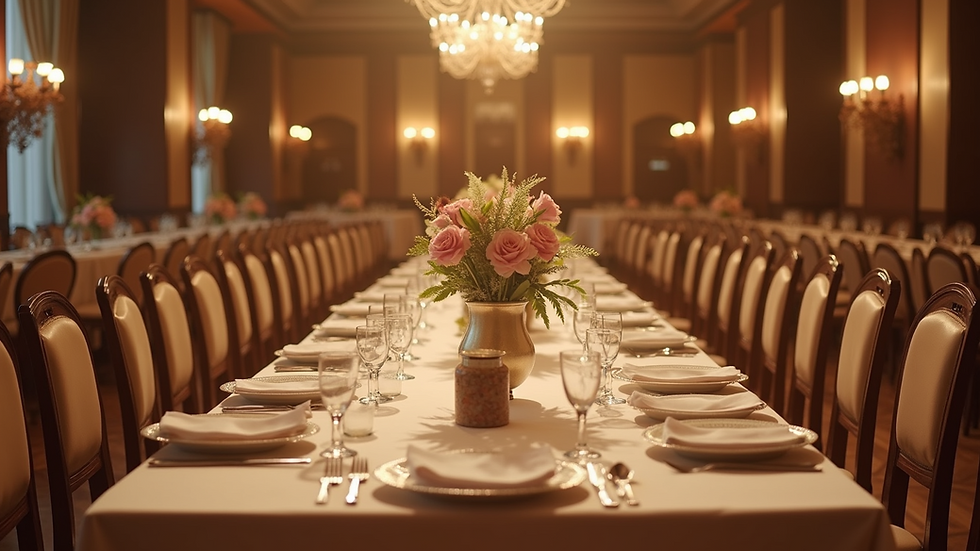 High angle view of a beautifully decorated banquet table