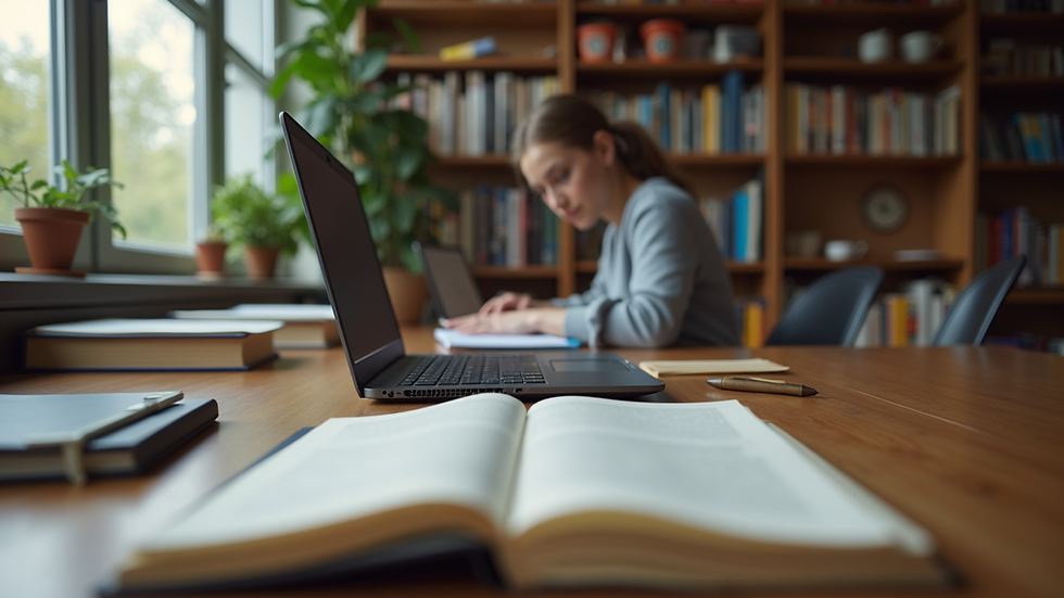 Eye-level view of a student studying with books and a laptop