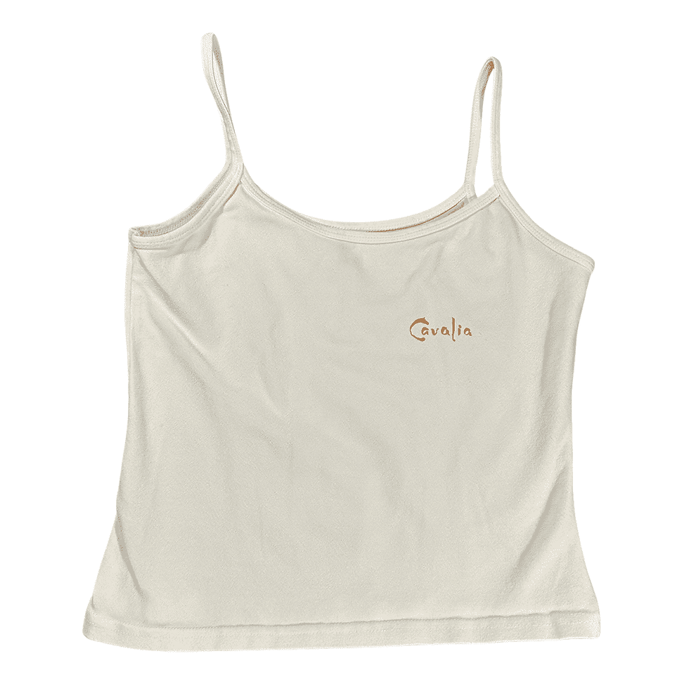 Front view of Cavalia Girls Youth Medium White Sleeveless Thin Strap Tank Top with Cavalia logo.