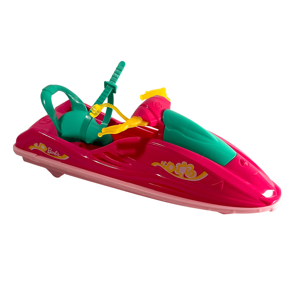Bright pink and teal Barbie jet-ski with handlebars, designed for rolling play.