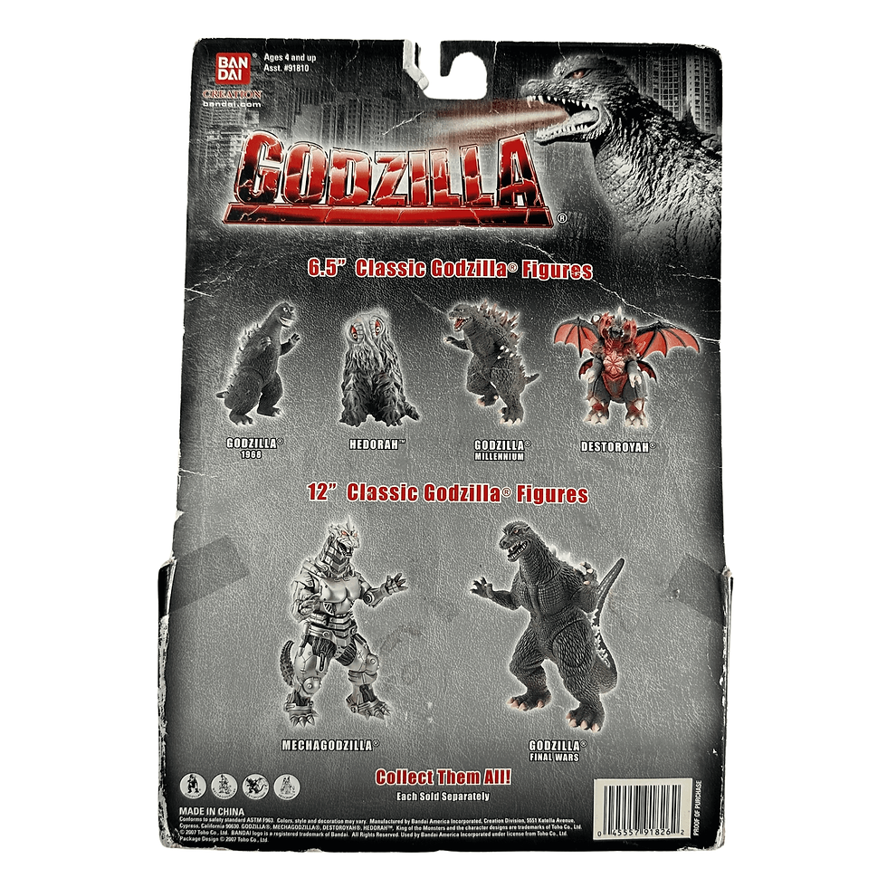 Back view of packaging for Bandai Namco 2007 Godzilla Hedora 6.5" classic figure showing other available figures.