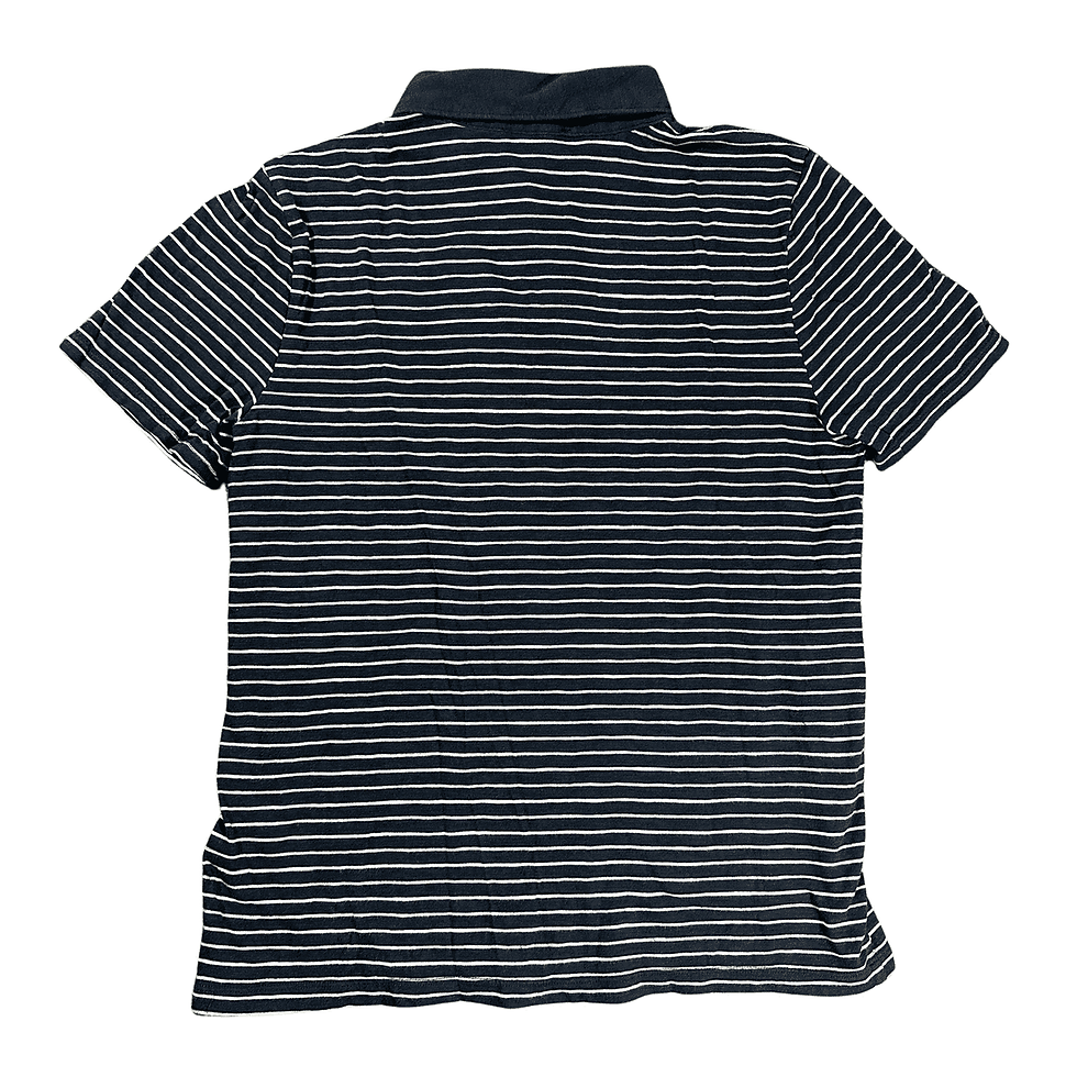 Back view of Express Men's Medium Navy Blue and White Striped Polo Shirt.