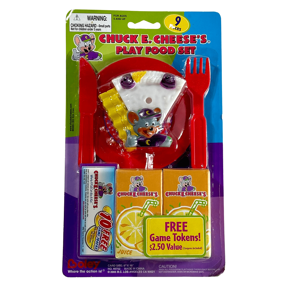 Boley Vintage 2005 Chuck E. Cheese's Cake And Juice 9 Piece Play Food Toy Set Front View