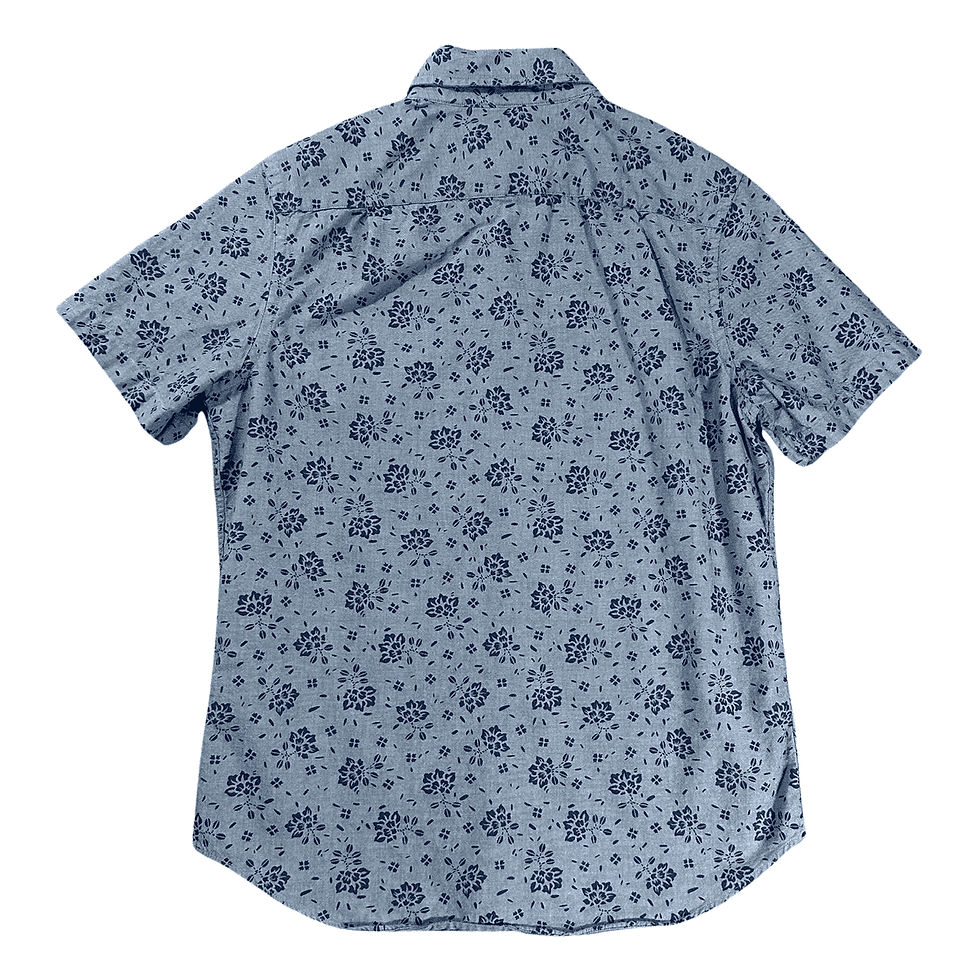 Back view of Nautica Men's XS light blue floral print short sleeve button-up shirt.