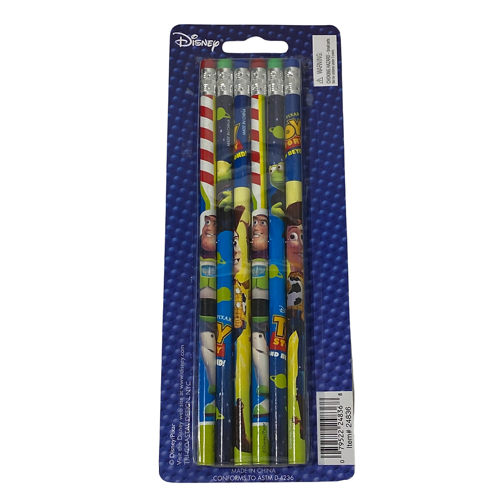 Back view of a pack of Disney Pixar Toy Story pencils showing six unsharpened pencils.