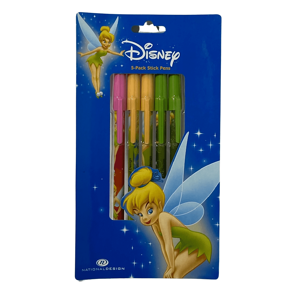 Front view of a pack of five Disney Tinkerbell themed stick pens