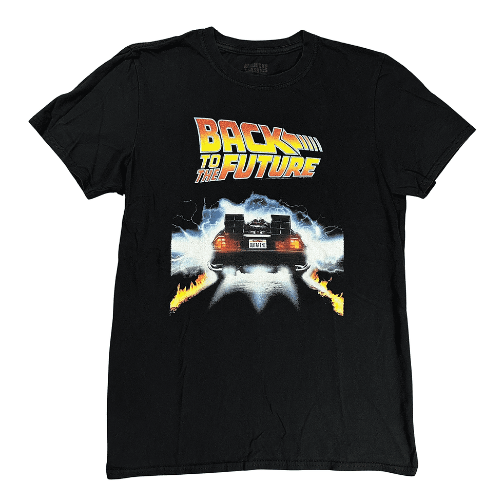 Front view of American Classics Men's Medium black Back to the Future graphic tee featuring DeLorean and title text.