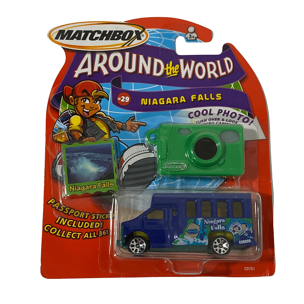 Front view of the 2003 Mattel Matchbox Around The World Niagara Falls set, featuring GM Small Bus and camera.