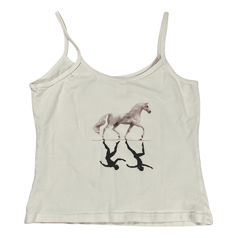 Back view of Cavalia Girls Youth Medium White Sleeveless Thin Strap Tank Top featuring a horse and acrobat graphic.