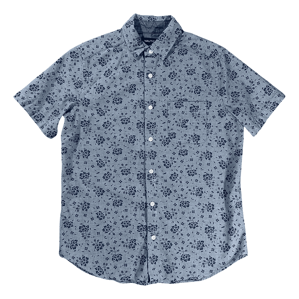 Front view of Nautica Men's XS light blue floral print short sleeve button-up shirt.