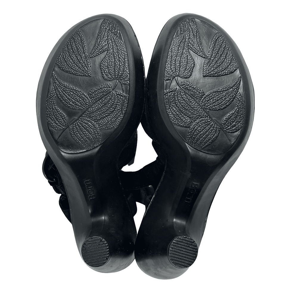 Born Women's Size 6 (EU 36.5) Black Suede Sandal Heel Shoes Soles View
