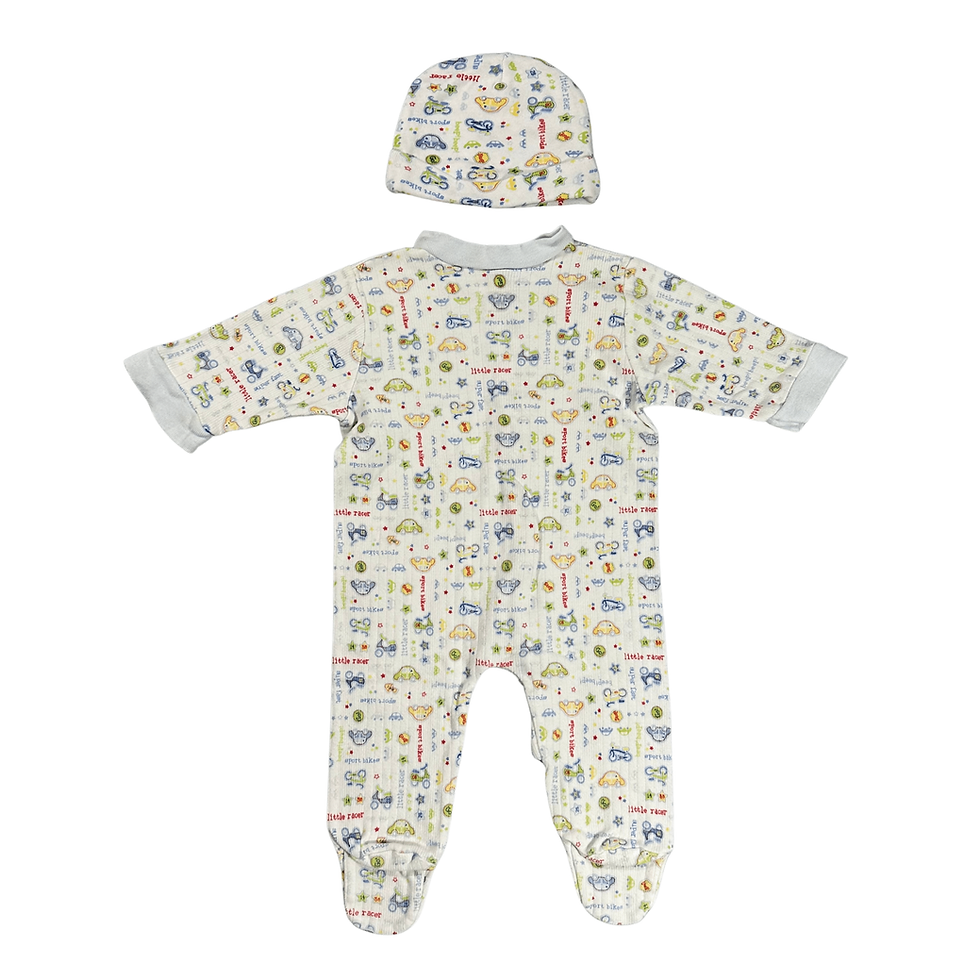 Vintage Gerber Baby Boy's Size 3 - 6 Months White Vehicles Themed Ribbed Footed Romper With Hat Back View