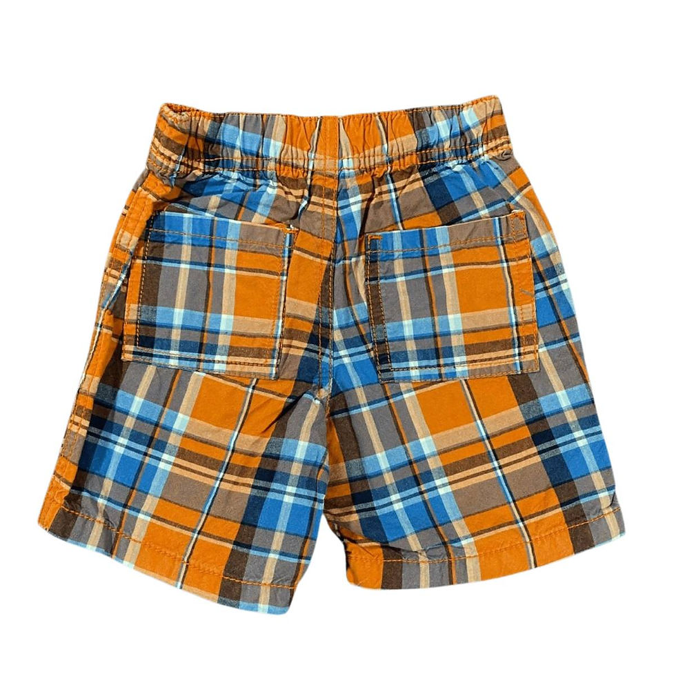 Back view of Crazy 8 boy's orange plaid shorts with elastic waist and real pockets, size 12-18 months.