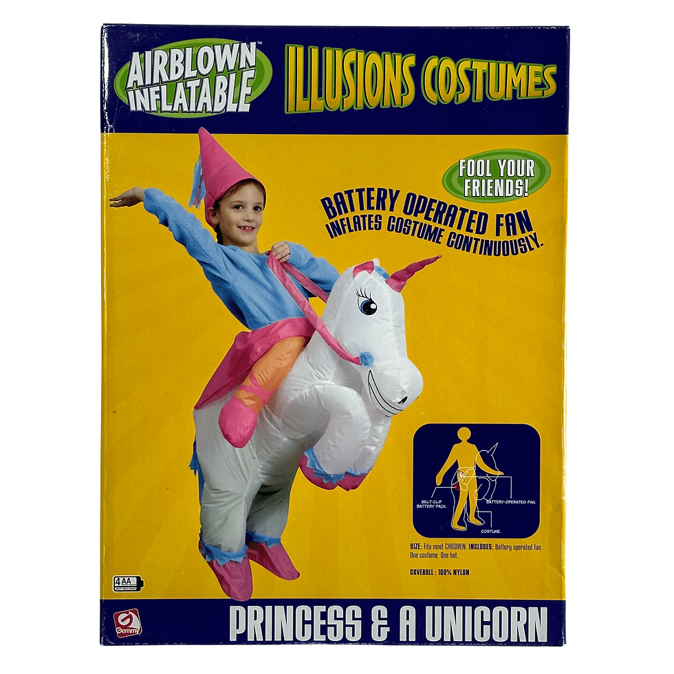 Front of the 2004 Airblown Inflatables Illusions Princess & Unicorn Halloween Costume box, showing a child in a princess hat.